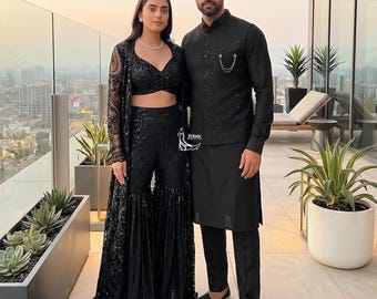 Black Indo Western Couple Outfit: Heavy Embroidered Indian Wedding Women's and Men's Wear