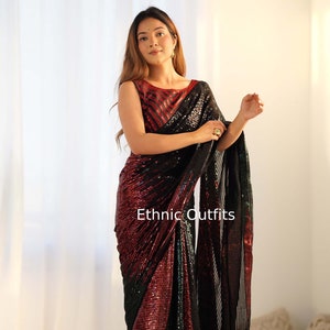 Designer Black Georgette Saree Indian Wedding Party Wear Sari Bollywood Style Saree For Women Bridesmaids Ready To Wear Sarees For Gift