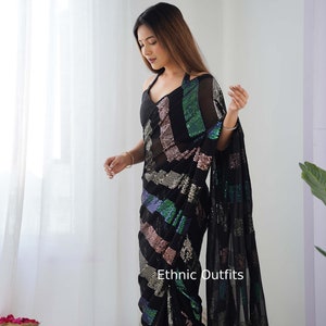 Beautiful Black Georgette Saree For Women Bollywood Style Sari Wedding Party Wear Sari Ethnic Wear Engagement Gift For Her Sangeet Wear