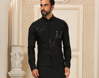 Kurta masculino preto com jaqueta para casamento: designer de roupas para festivais indianos Koti Kurta masculino