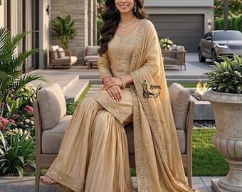Satin Seide Beige Salwar Kameez: Punjabi Hochzeit Sharara Anzug, indische Frauen Kurta