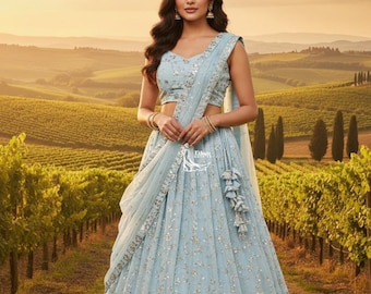 Sky Blue Lehenga Choli Set: Heavy Embroidered Reception Wear Bridesmaid Outfit