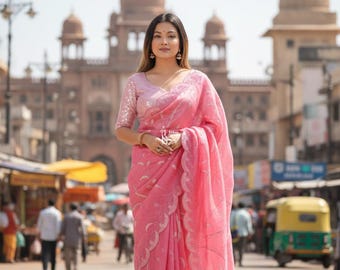 Perfect Pink Tissue Saree For Women Indian Wedding Party Wear Sari Bollywood Style Saree Designer Saree With Blouse Reception, Sangeet Wear