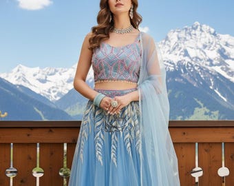 Himmelblaues Netz Lehenga Choli Für Frauen: Gestickte Chaniya Choli Indische Hochzeit Lengha