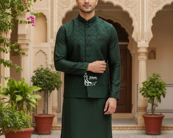 Conjunto Koti Kurta de Seda Verde Escuro para Casamento: Jaquetas Nehru Tradicionais Indianas para Homens