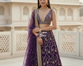 Purple Lehenga Choli For Women: Designer Heavy Embroidered Georgette Wedding Wear Readymade Outfit