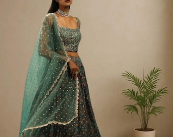 Lehenga Choli verde de diseñador para mujer, atuendo de fiesta de boda india, Ghagra Choli estilo Bollywood, Lhenga Choli, atuendo para Mehendi para la novia