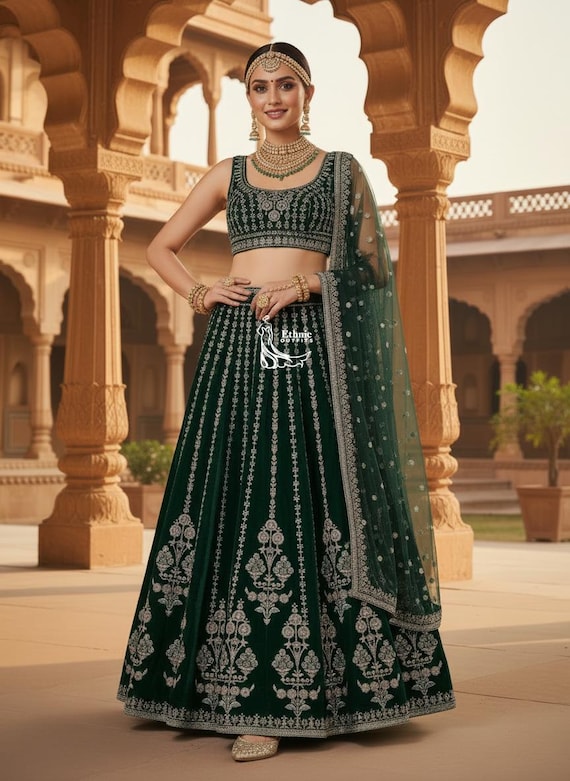 Green Lehenga Choli for Women: Indian Wedding Party Wear Chaniya