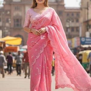 Perfect Pink Tissue Saree For Women Indian Wedding Party Wear Sari Bollywood Style Saree Designer Saree With Blouse Reception, Sangeet Wear image 7