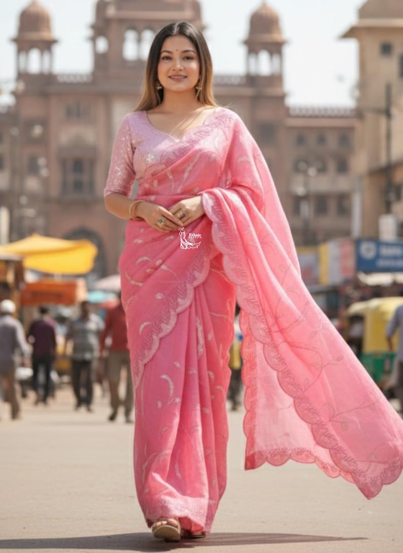Perfect Pink Tissue Saree For Women Indian Wedding Party Wear Sari Bollywood Style Saree Designer Saree With Blouse Reception, Sangeet Wear image 7