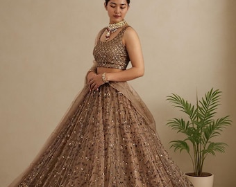 Designer Coffee Net Party Wear lehenga choli Sangeet lengha choli Indian Wedding lehanga choli Reception ReadyMade Lehnga Choli For Women