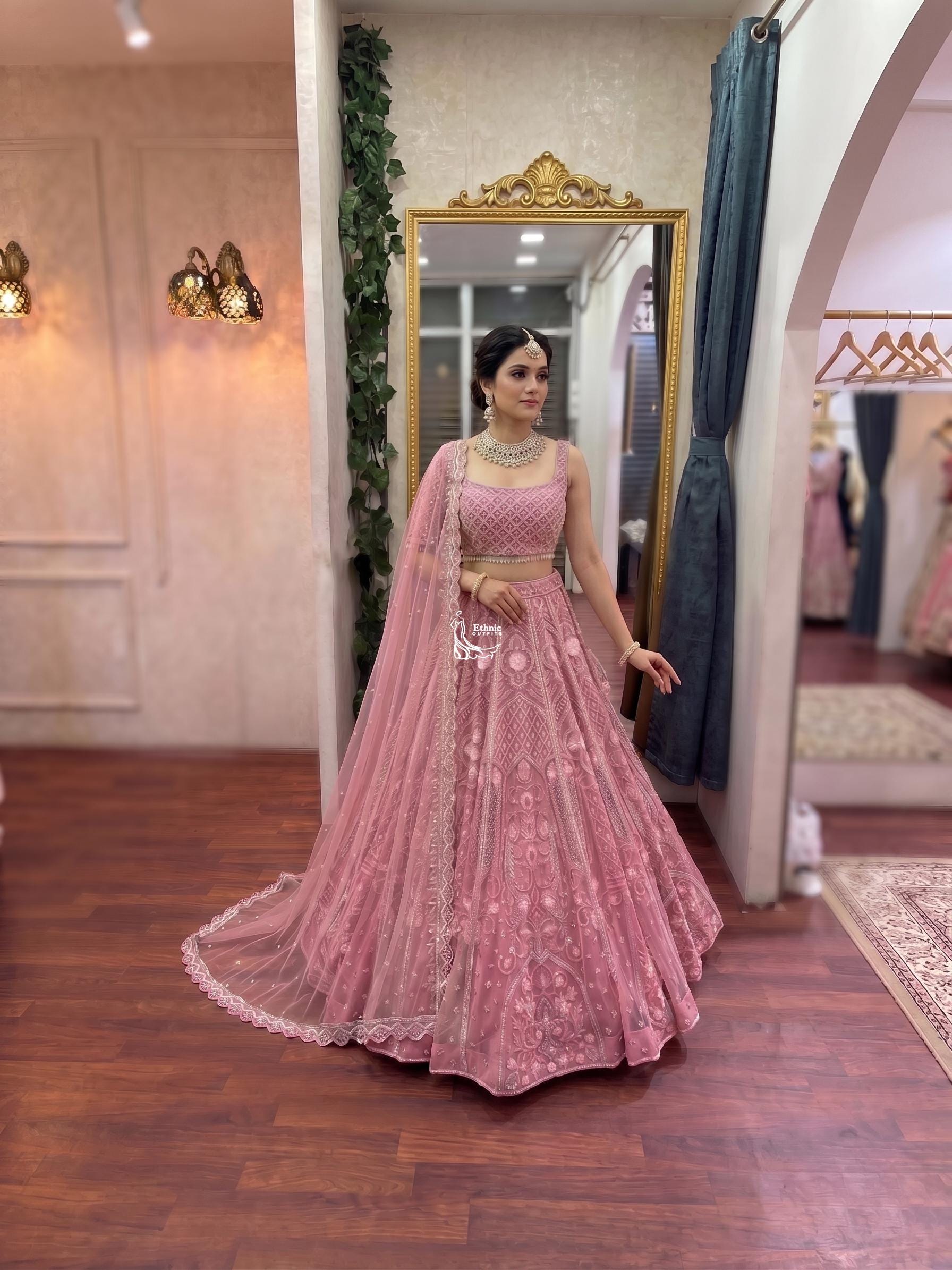 ladies dress lehenga Heavy Embroidered Choli: Pink Bridal Lehenga Set, Designer Wedding Women's Garments STORAGE
