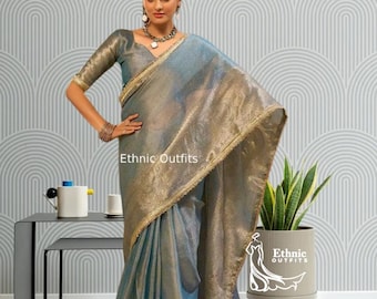 Sari de tejido azul cielo para mujer: damas de honor listas para usar, saris de boda indios