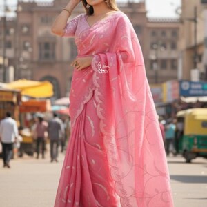 Perfect Pink Tissue Saree For Women Indian Wedding Party Wear Sari Bollywood Style Saree Designer Saree With Blouse Reception, Sangeet Wear image 6