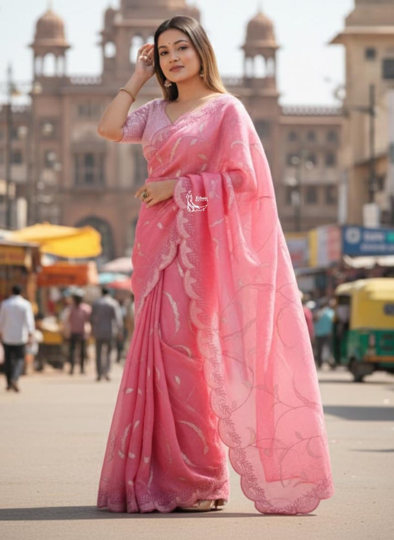 Perfect Pink Tissue Saree For Women Indian Wedding Party Wear Sari Bollywood Style Saree Designer Saree With Blouse Reception, Sangeet Wear image 6