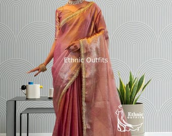 Pink Tissue Saree For Women: Indian Wedding Wear Sari Bollywood Style Sari With Blouse