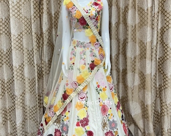 White Multi Floral Lehenga Choli Indian Wedding Function Lehanga Choli Party Wear Lahanga Choli Trenging Lengha CHoli Ready to Wear Custome
