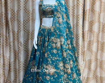 Green Lehenga Choli For Women: Indian Wedding Party Wear Bridesmaids Ready To Wear Ghagra Choli Floral Printed Organza Dress