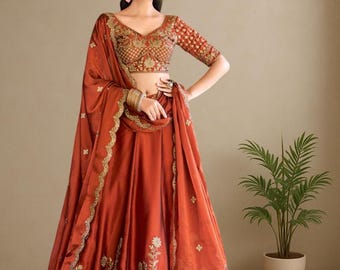 Silk Orange Lehenga Choli For Women: Indian Wedding Outfit Trending Reception Wear