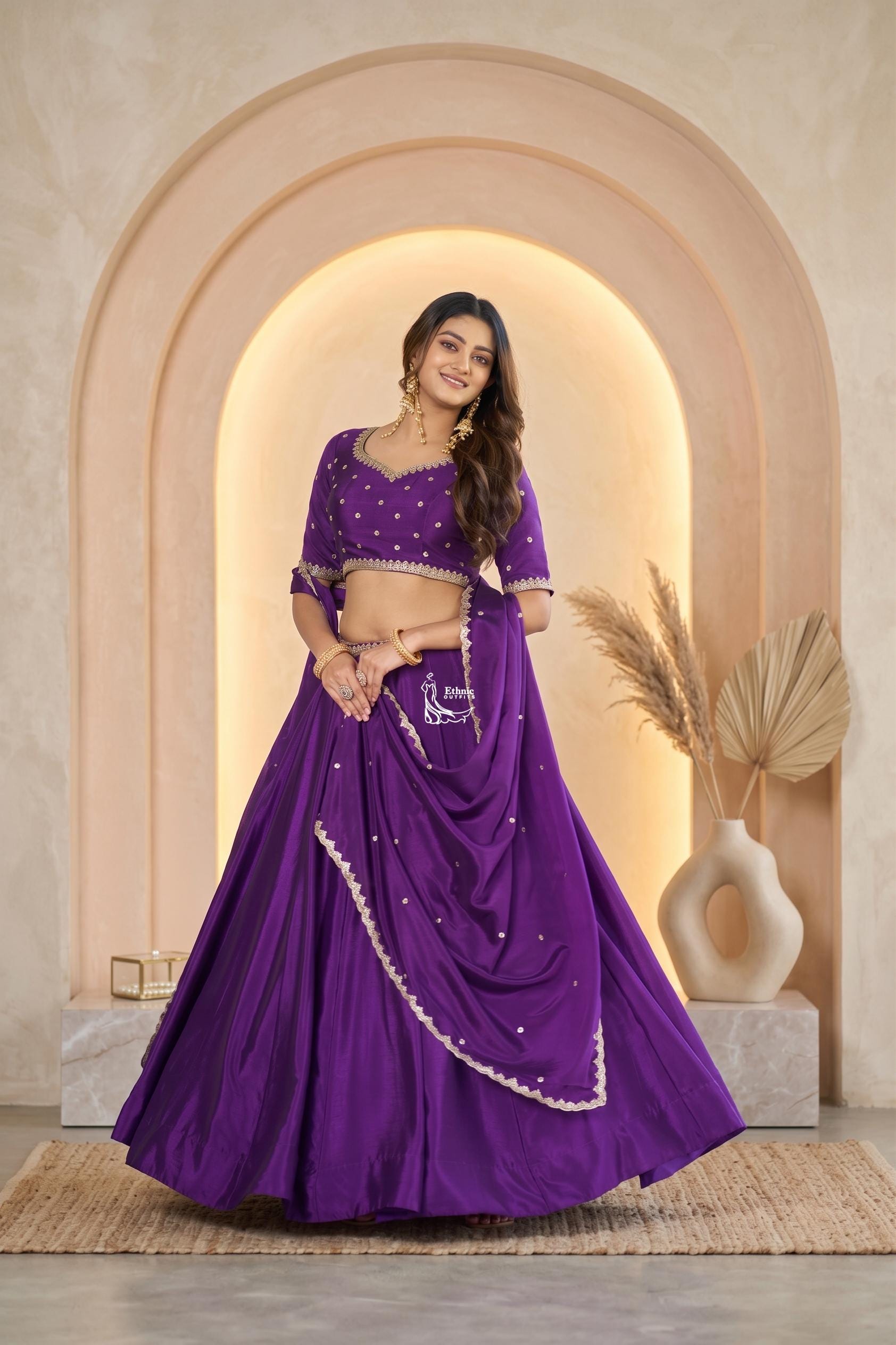 Silk Lehenga Choli Set: Traditional Indian Outfit, Embroidered Lehengha, Purple Lengha Skirt