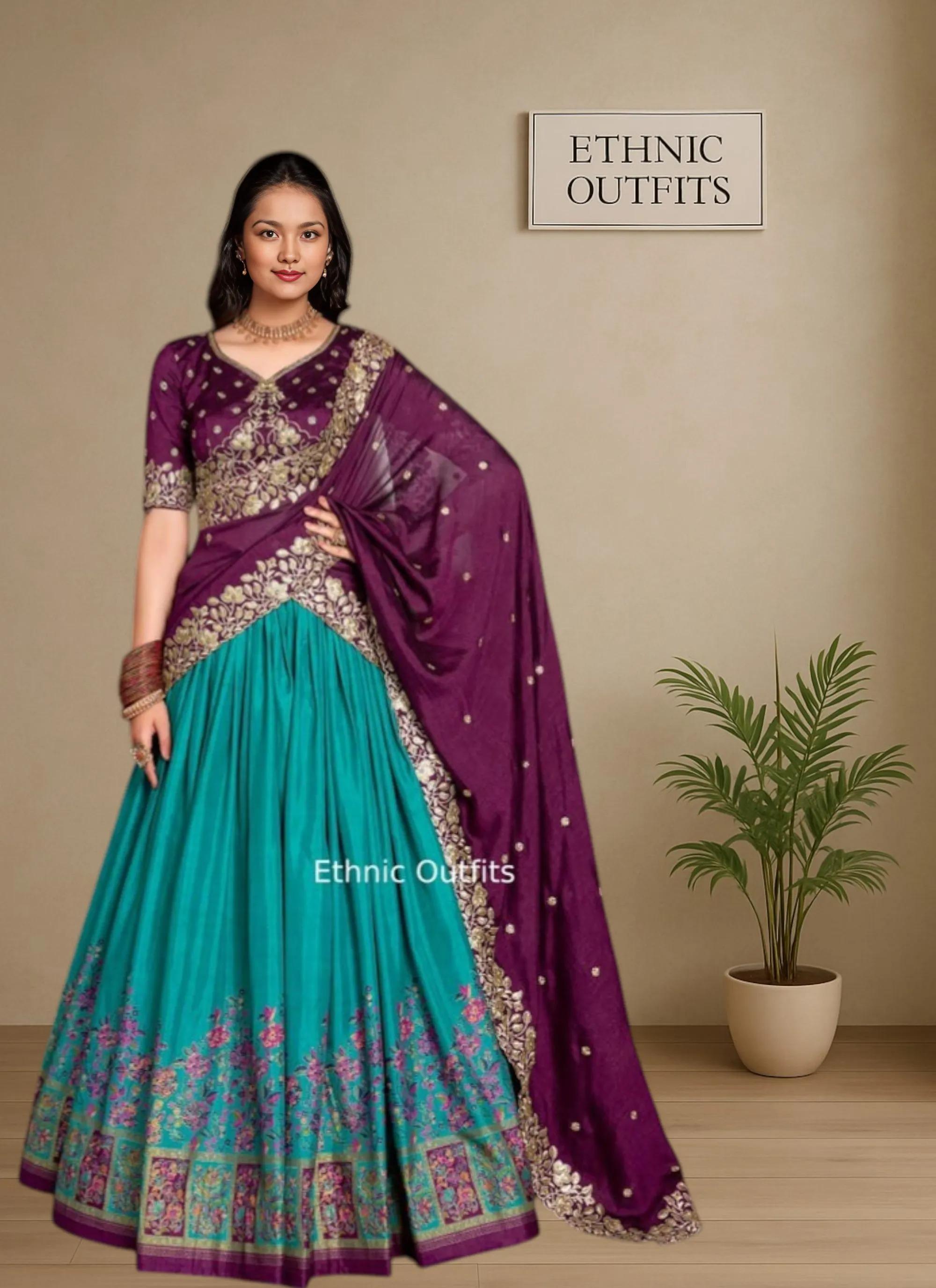 Women Special Firozi Embroidery Lehenga Choli For Women Ready To Wear Chaniya Choli South Indian Style Half Saree Lahenga Choli With Dupatta