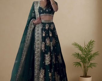 Bottol green wedding function lehanga choli sangeet lahengas indian party wear lengha choli festivle wear lahanga choli mahendi lehangacholi
