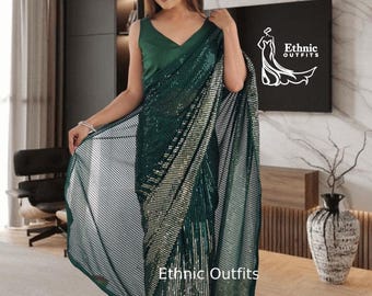 Green Saree For Women: Designer Sequence Work Georgette Sari Party Wear Sarees