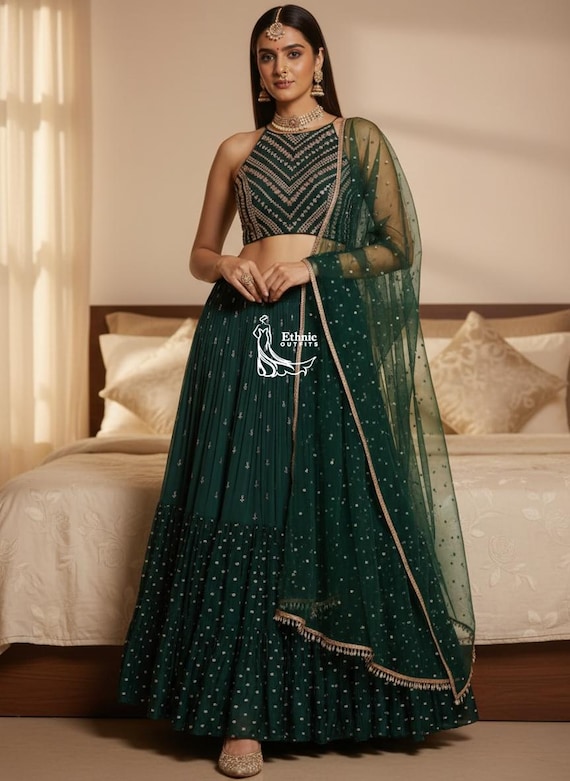 green mehndi dress for women Dark Lehenga Choli Women: Fancy Designer Wear Ruffle Lhenga Set atr_color-white