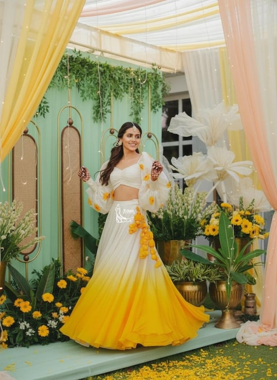 yellow green dress for haldi White and Outfit: Indian Ceremonial Printed Lehenga Choli Set Length_Maxi