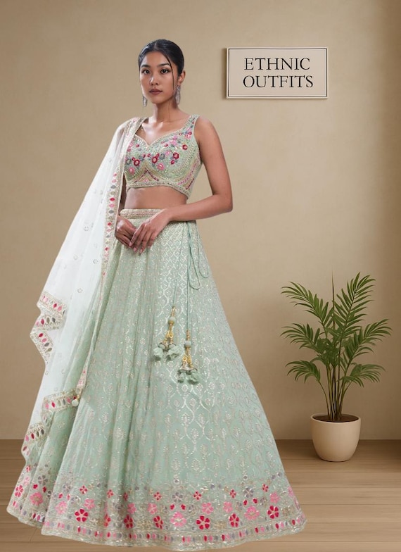 open lace back dress Designer Pastel Mehndi Color Embroidered Sequences Work Lehenga Choli   Vastra Shop