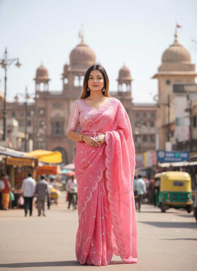 Perfect Pink Tissue Saree For Women Indian Wedding Party Wear Sari Bollywood Style Saree Designer Saree With Blouse Reception, Sangeet Wear image 1
