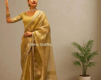 Perfect Gold Tissue Saree For Women Indian Wedding Party Wear Sari Collection Traditional Wear Saree Bridesmaids Ready Made Sari Haldi Wear