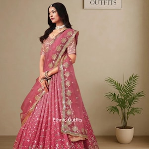Perfekt persikafärgad Lehenga Choli för kvinnor, indisk bröllopsfestkläder, Lahenga Choli, Bollywood-stil, Ghagra Choli, traditionell klädsel, Lehenga-kläder bild 3