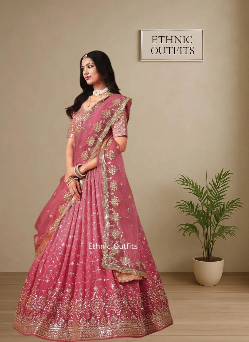 Perfekt persikafärgad Lehenga Choli för kvinnor, indisk bröllopsfestkläder, Lahenga Choli, Bollywood-stil, Ghagra Choli, traditionell klädsel, Lehenga-kläder bild 3