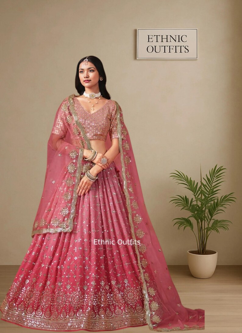 Perfekt persikafärgad Lehenga Choli för kvinnor, indisk bröllopsfestkläder, Lahenga Choli, Bollywood-stil, Ghagra Choli, traditionell klädsel, Lehenga-kläder bild 2