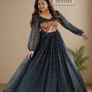 Designer Leheriya Printed Black Navratri Gown For Women Gamthi Work Anarkali Gown Raas Garba Special Gown India Traditional Garba Outfits