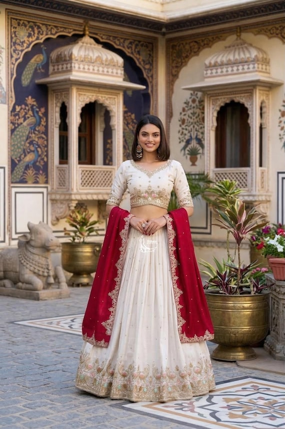 white gold indian wedding dresses Designer Lehenga Choli: Outfits, Traditional Chaniya Choli Set simple white and gold lehenga