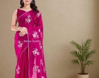 Pretty Pink Saree For Women Indian Wedding Party Wear Saree Bollywood Style Organza Saree Traditional Wear Sari Ethnic Wear Reception Wear