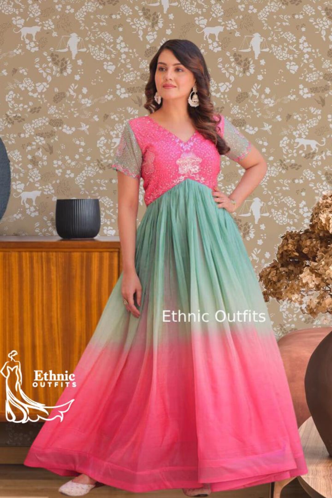 Heavy Floor Length Anarkali Gown Pink Shaded Silk Gown: Ready To Wear  Anarkali Gown Long Kurti Set Israel