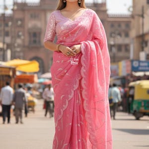 Perfect Pink Tissue Saree For Women Indian Wedding Party Wear Sari Bollywood Style Saree Designer Saree With Blouse Reception, Sangeet Wear image 5