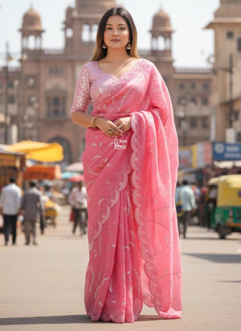 Perfect Pink Tissue Saree For Women Indian Wedding Party Wear Sari Bollywood Style Saree Designer Saree With Blouse Reception, Sangeet Wear image 5