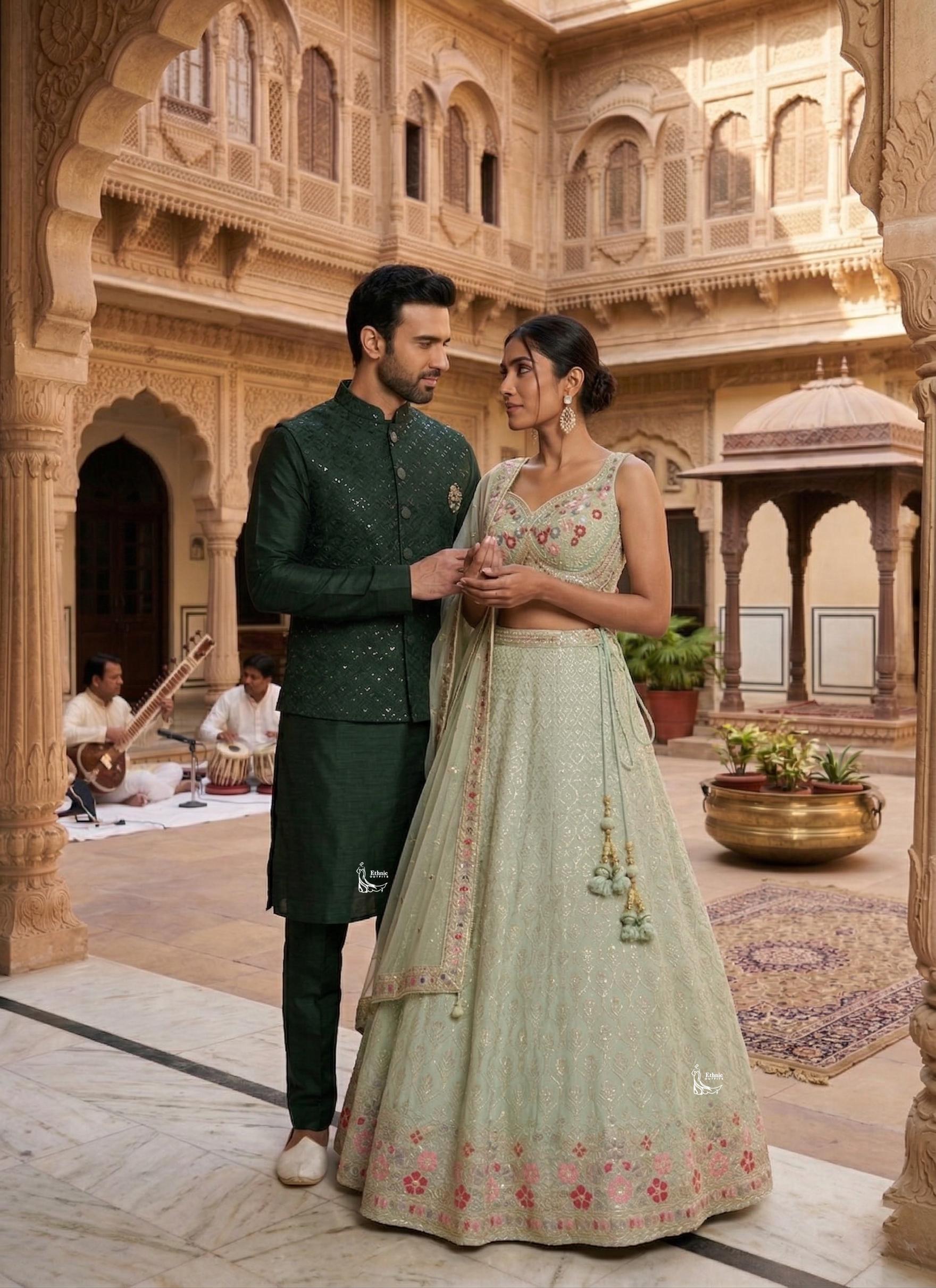 indian couple dress for wedding party Indian Wedding Couple Outfit: Heavy Embroidered Green Women's and Men's Wear