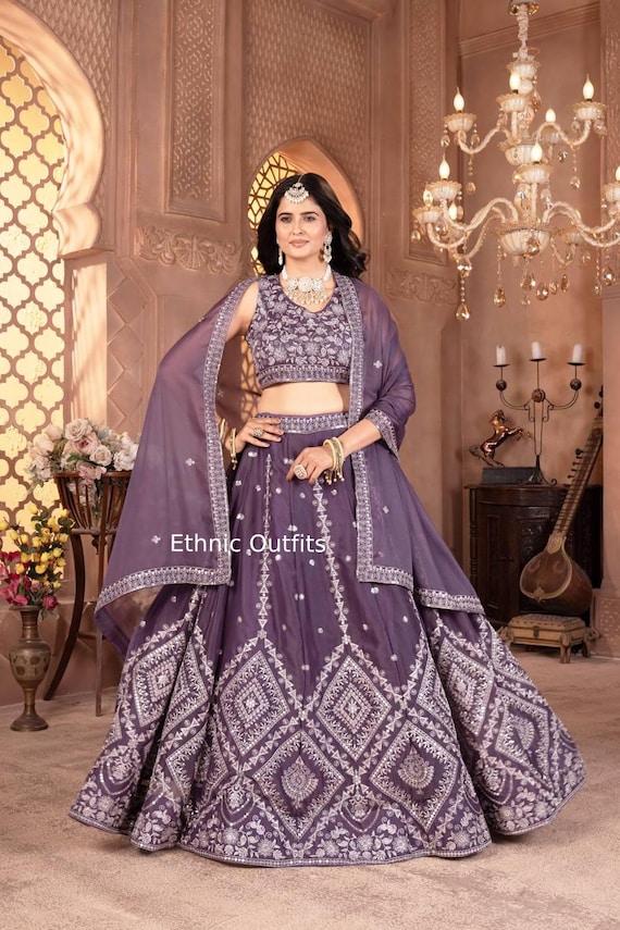 Lahenga choli estilo Bollywood lavanda para mulheres, roupa