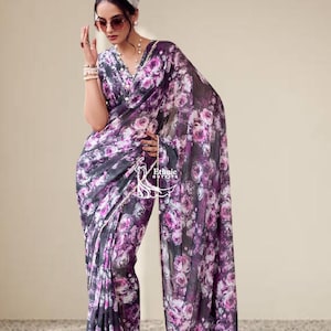 Grey Printed Saree For Women: Indian Wedding Party Wear Designer Sari With Blouse