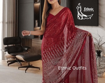 Maroon Georgette Saree With Blouse: Indian Women Reception Wear Sadi