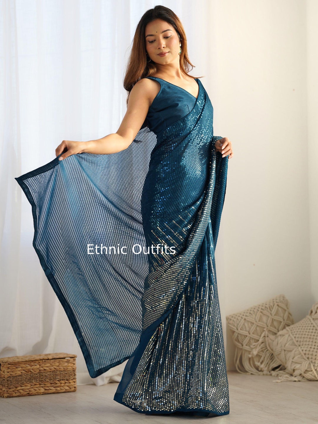 Women's Pure Georgette Teal blue Embellished Designer Saree With Blouse Piece main image 0