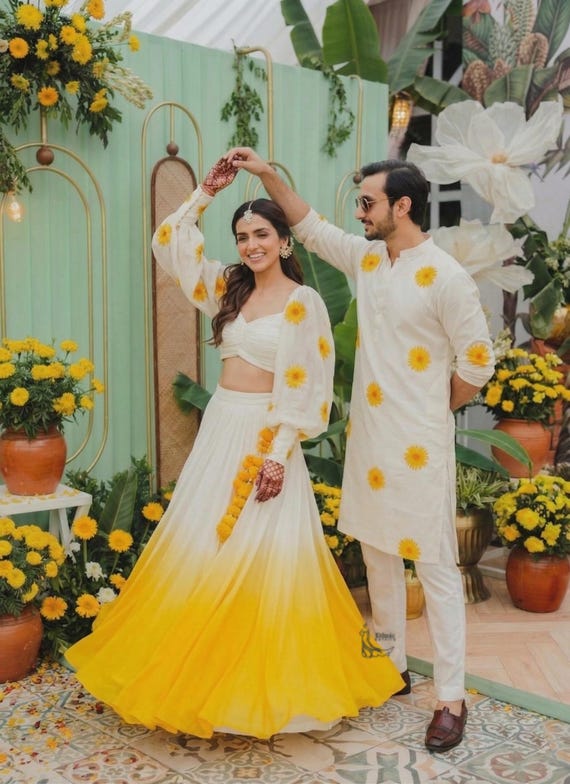 haldi ceremony dress for ladies Couple Outfits: Yellow Indian Festive Wear Combo Set size_filter|XS