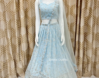 Classic Sky Blue Lehenga Choli For Women Bridesmaids Ready To Wear Lahenga Choli Bollywood Style Outfits Reception,sangeet Wear Wedding Wear