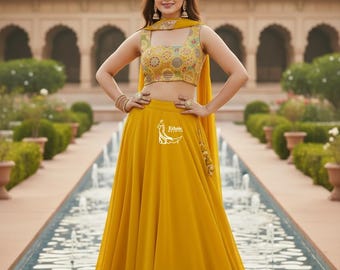 Georgette Lehenga For Women: Indian Haldi Outfit Yellow Embroidered Designer Crop Top Set