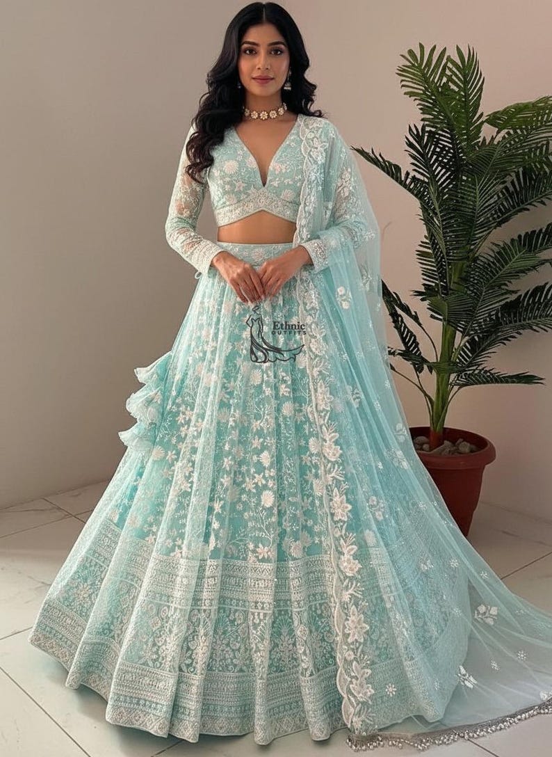 Light Lengha Sky Blue Lehenga Choli for Women: Wedding Wear Reception Heavy Indian ...